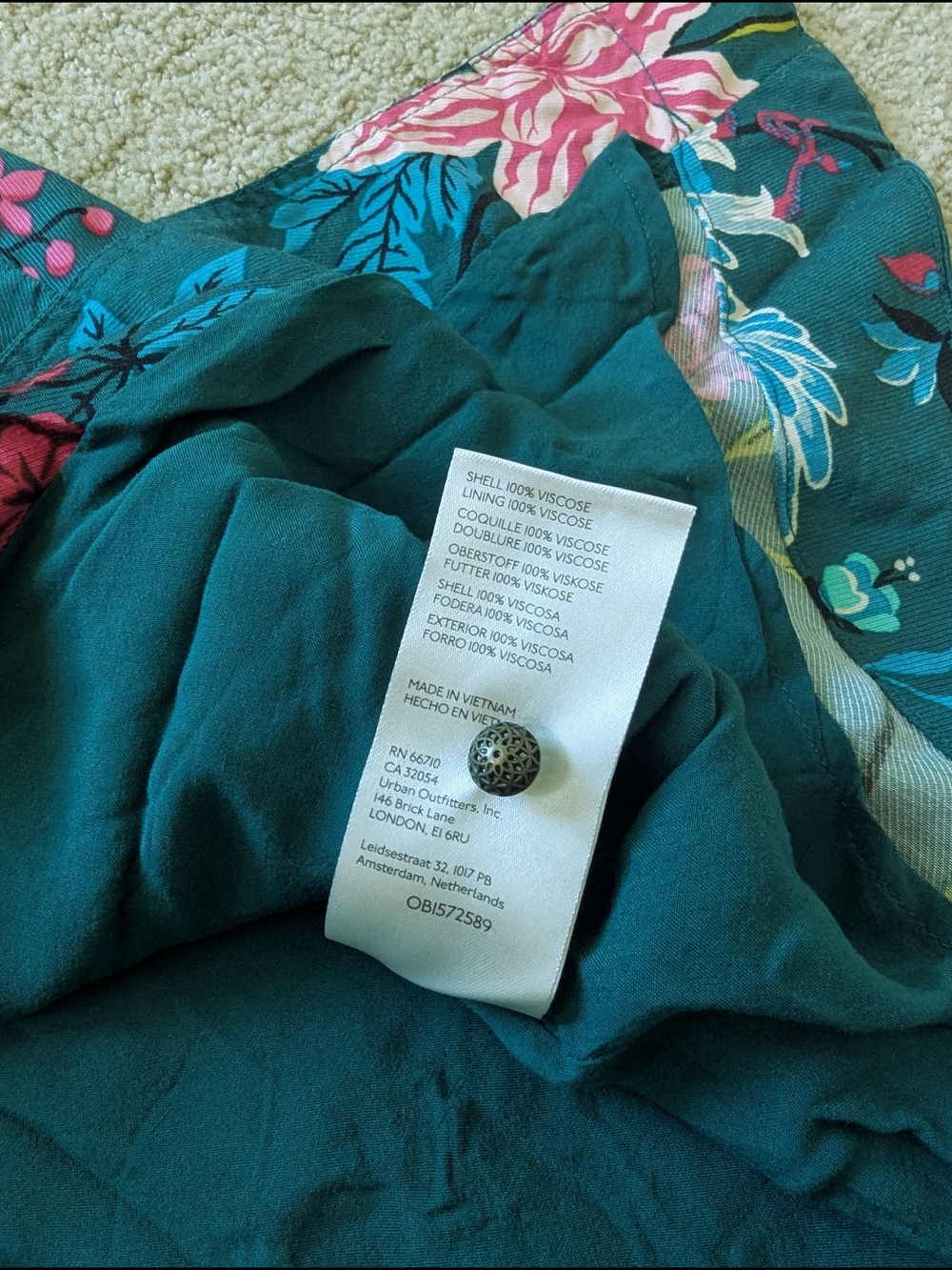 Maeve Anthropologie Button Front Shirt Dress 14 Green Floral Bird V-neck Slit - Picture 15 of 15